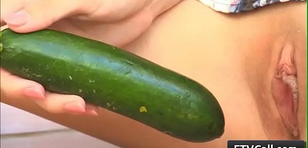  sexy and horny natural bib tit brunette teen amateur nina fucks her juicy bald pussy with large cucumber on the floor